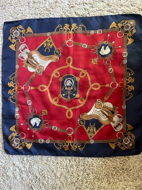 Equestrian Print  Scarf in Red & Navy 26x26